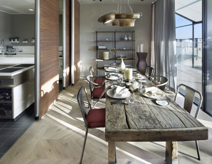 department store - reconstruction - redesign - engelhorn Mannheim - Opus V - gourmet restaurant - open kitchen area - big rustic dining table - glass window front